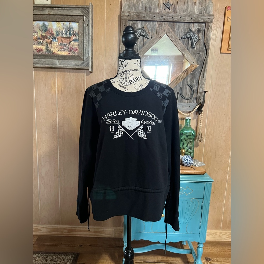 Women's Harley Davidson Black Pink Checker Print Crewneck 2XL Runs small